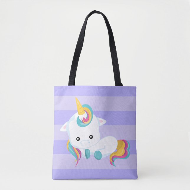 Tote Bag Joli licorne blanche allongée avec des rayures vio (Devant)