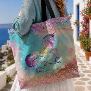 Tote Bag Joli licorne rose paillettes arc-en-ciel aigue-mar