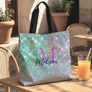 Tote Bag Joli licorne turquoise faux monogramme pailleté