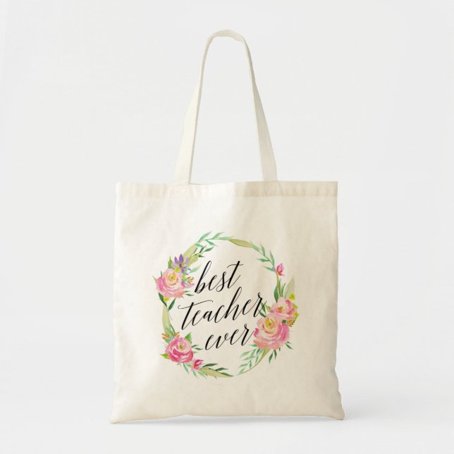 Tote Bag Joli meilleur enseignant jamais la couronne floral (Devant)