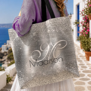 Tote Bag Joli monogramme faux paillettes argent métallisé b