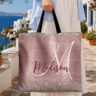 Tote Bag Joli monogramme faux paillettes argent rose carmin