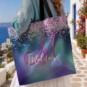 Tote Bag Joli monogramme faux paillettes turquoise violet