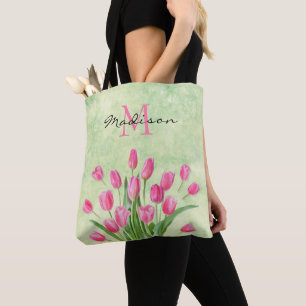 Tote Bag Joli Monogramme Floral Ressort rose Tulipe Bouquet