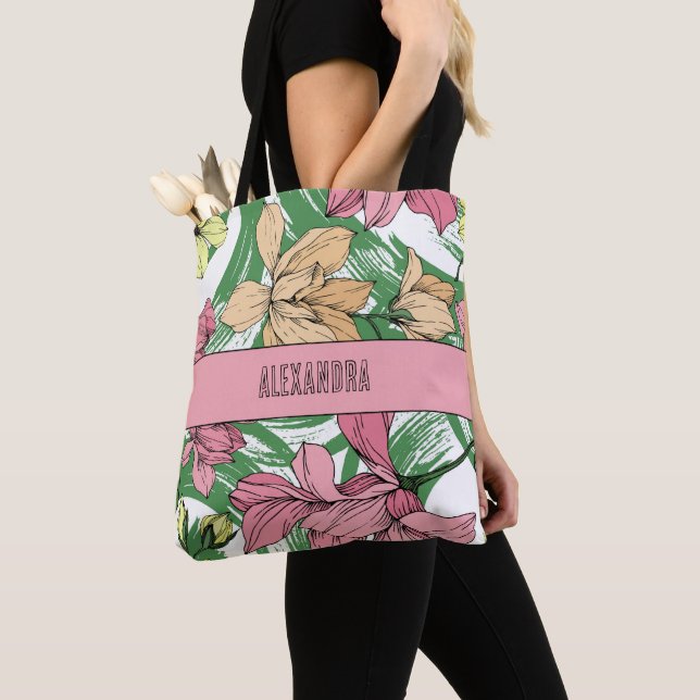 Tote Bag Joli monogramme floral rose et vert mignon (De près)