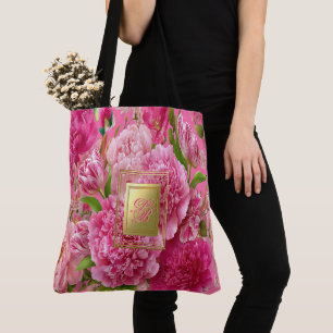 Tote Bag Joli monogramme floral rose et vert pour le jardin