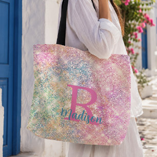 Tote Bag Joli monogramme iridescent licorne rose faux paill