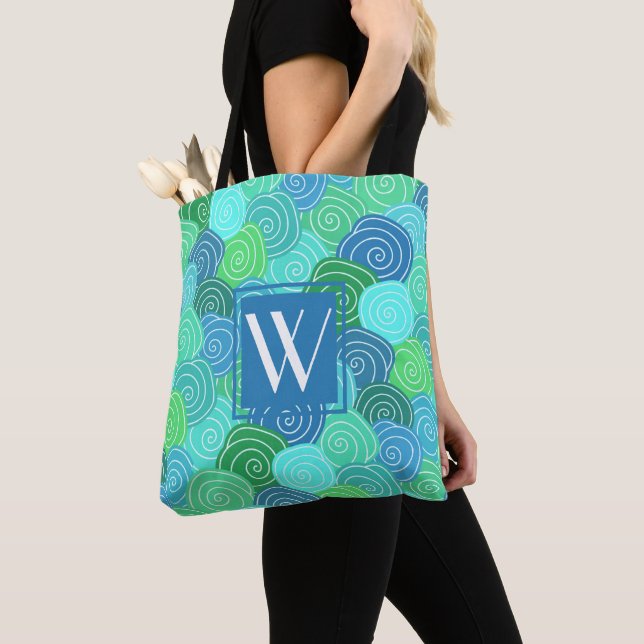 Tote Bag Joli Monogramme Moderne Bleu Vert Motif (De près)