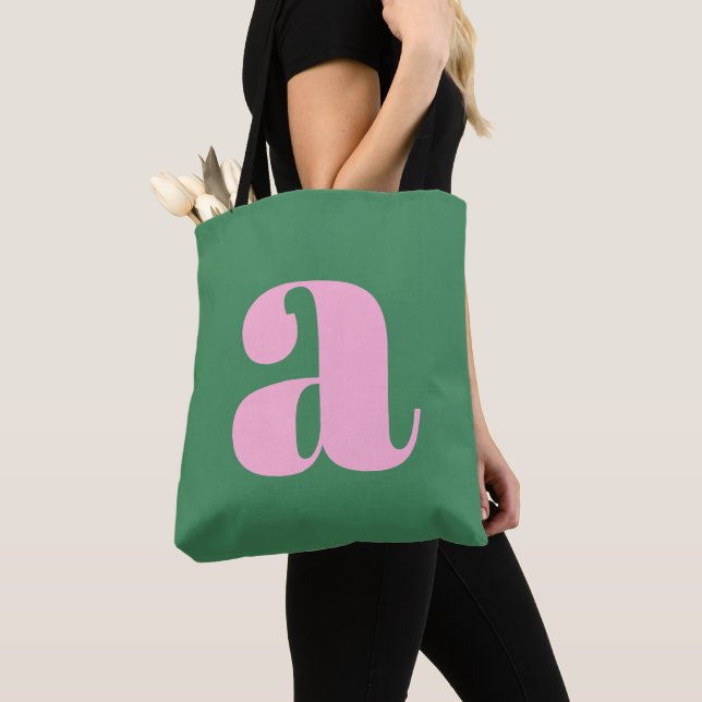 Tote Bag Joli monogramme rose pastel vert lettrage rétro (De près)