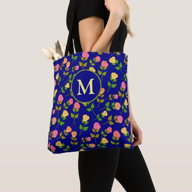 Tote Bag Joli motif de rose bleue monogramme (De près)