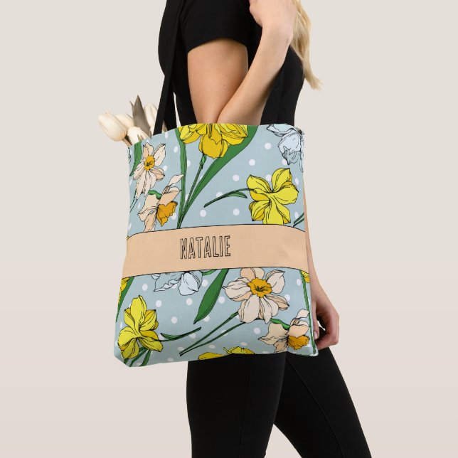 Tote Bag Joli motif floral rétro bleu avec monogramme (De près)