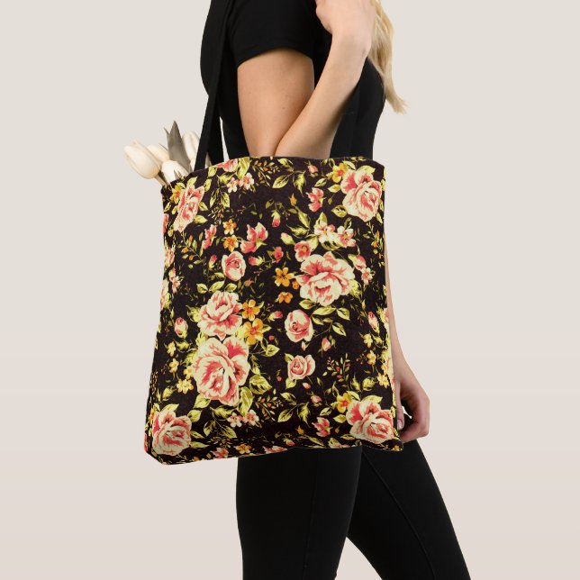 Tote Bag Joli motif floral rose rose rose, fleurs jaunes (De près)
