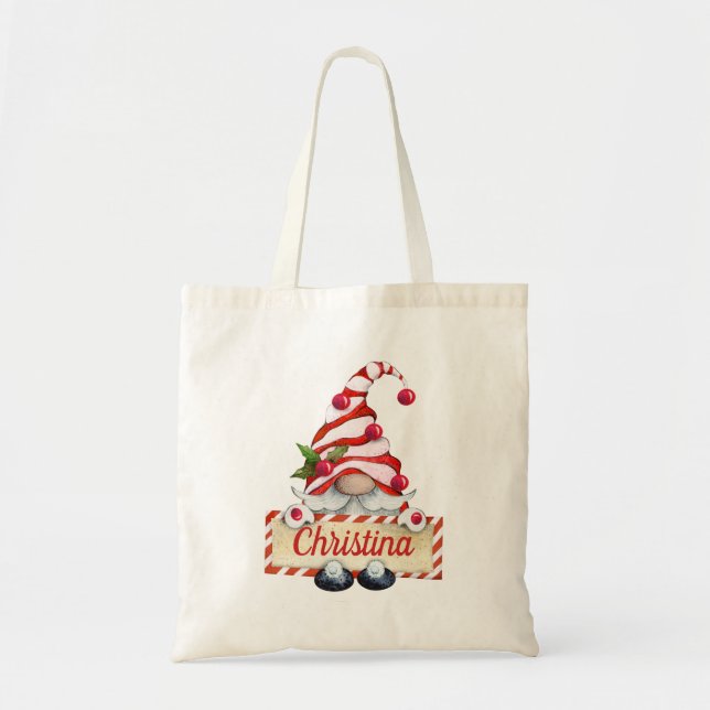 Tote Bag Joli Noël Gnome Rouge Casquette rayé Nom personnal (Devant)