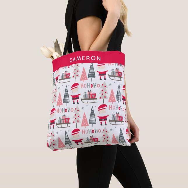 Tote Bag Joli Noël Kawaii Père Noël Arbres Rouge Personnali (De près)