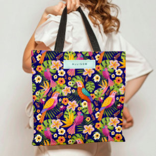 Tote Bag Joli Nom Personnalisé Illustré d'Oiseaux Tropicaux