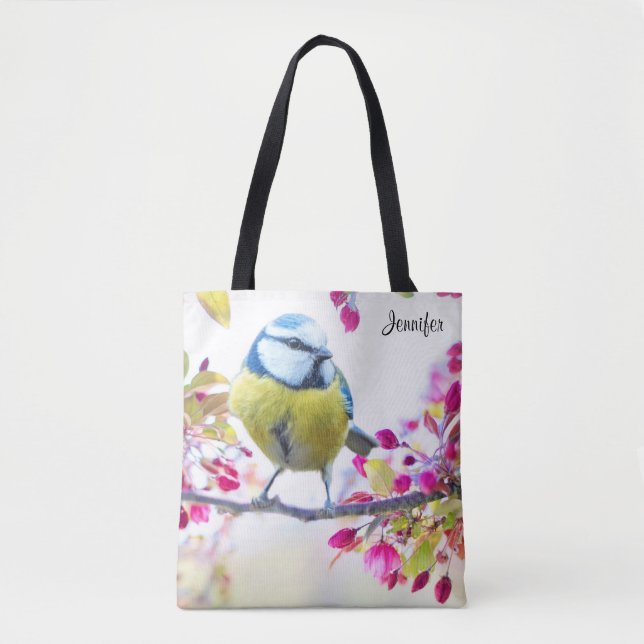 Tote Bag Joli oiseau bleu et jaune sur une branche Photogra (Devant)