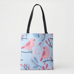 Tote Bag Joli oiseau rose sur bleu clair monogramme personn