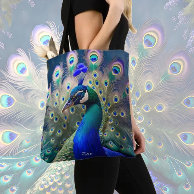 Tote Bag Joli paon avec plumage turquoise et or (Créateur téléchargé)