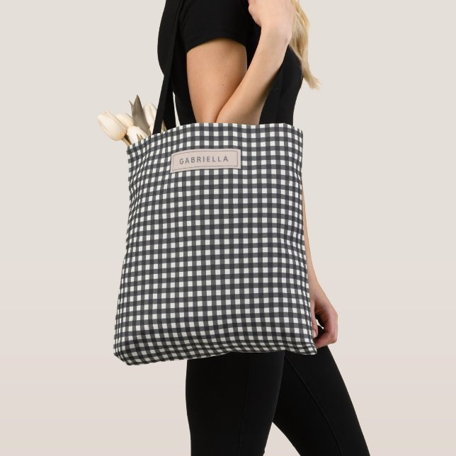 Tote Bag Joli personnalisé à carreaux gingham noir gris vin (De près)