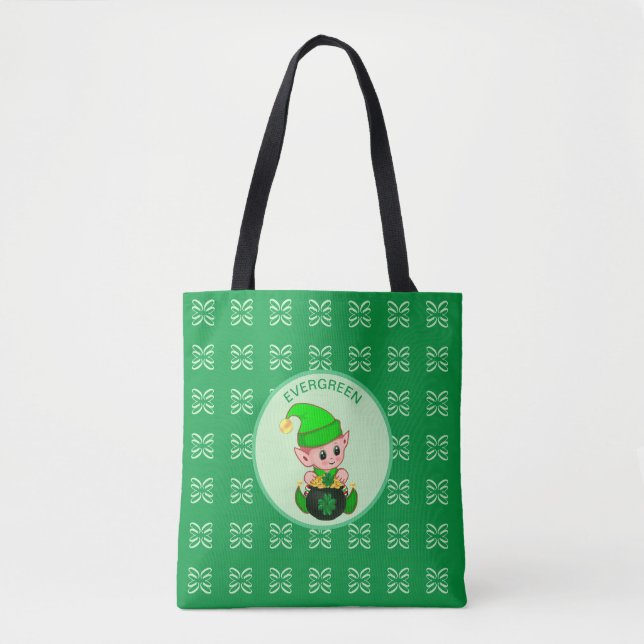 Tote Bag Joli petit elfe avec trèfle & pièces d'or sur vert (Devant)
