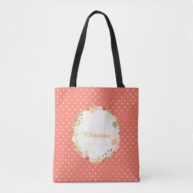 Tote Bag Joli Poeach Polka Dot Nom floral et Monogramme (Devant)