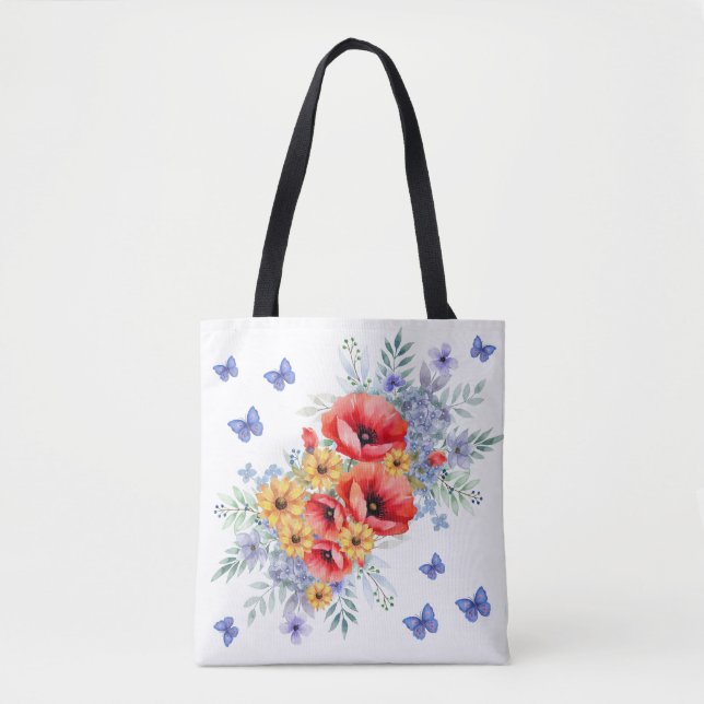 Tote Bag Joli Poppies rouges, tournesols et papillons (Devant)