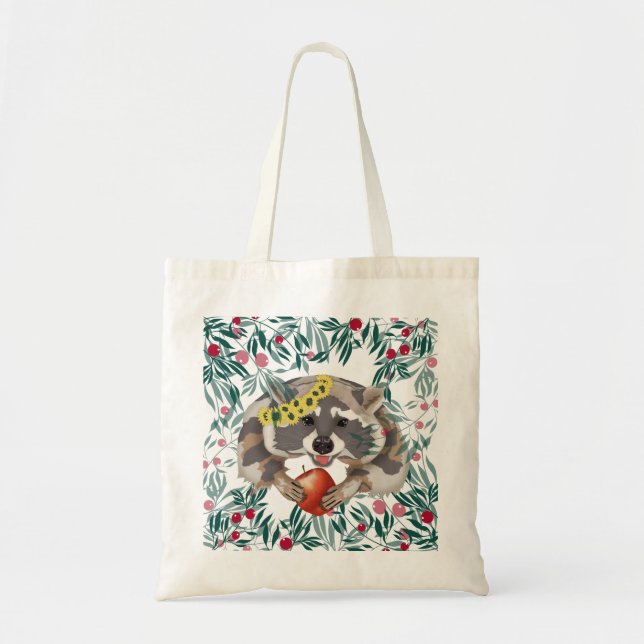 Tote Bag Joli raton laveur avec une pomme dans les pattes (Devant)