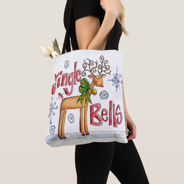 Tote Bag Joli renne de Noël, Jingle Bells Snowflakes (De près)