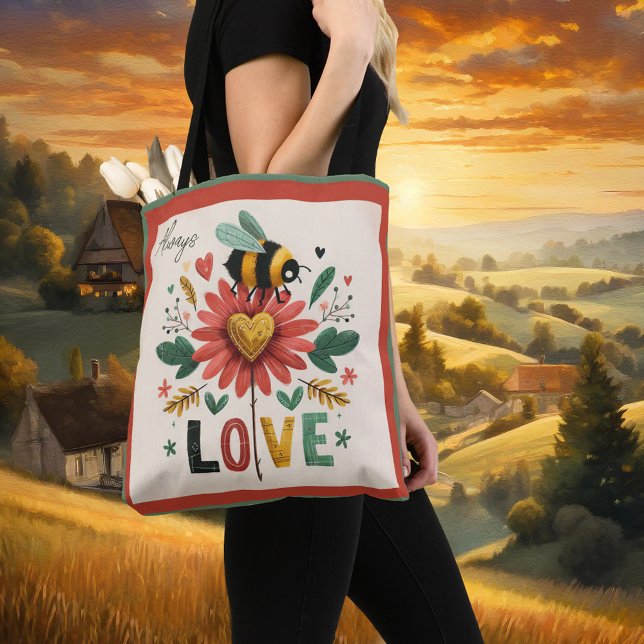 Tote Bag Joli Retro Bumble Bee Floral Amour (Tote bag featuring a retro painting of a bumble bee on a flower with LOVE text.)