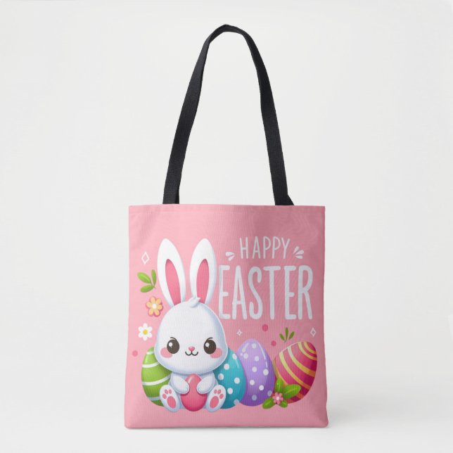 Tote Bag Joli, rose et heureux lapin de Pâques (Devant)