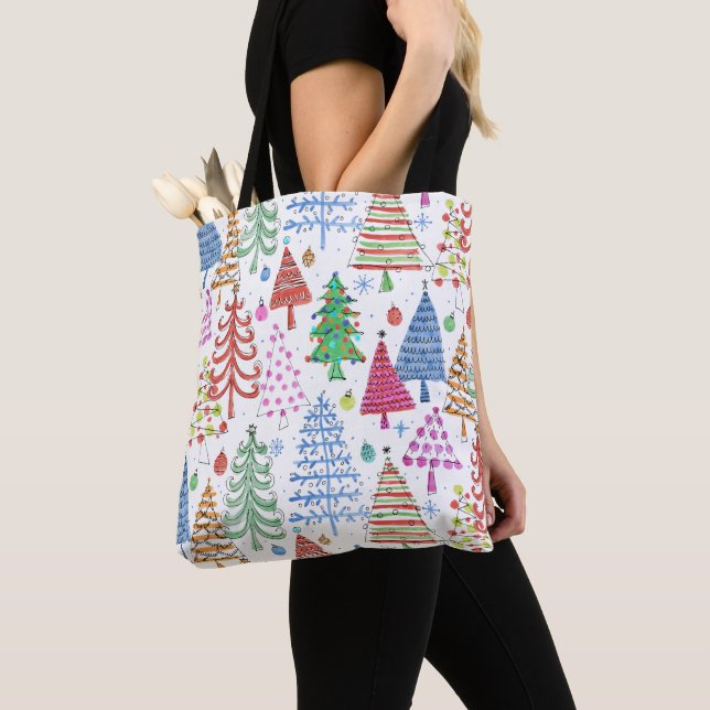 Tote Bag Joli sapin de Noël Rouge Vert rose bleu Motif (De près)