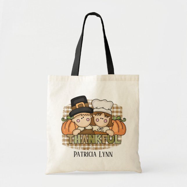 Tote Bag joli Thanksgiving Thankful Pilgries ajouter le nom (Devant)