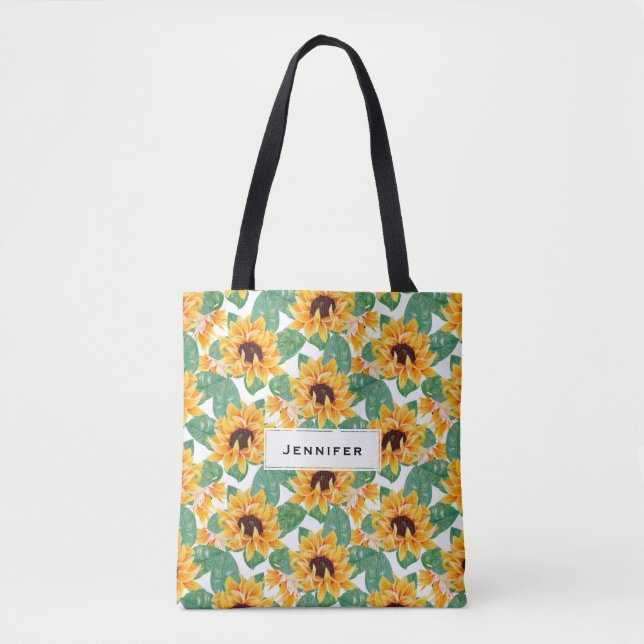 Tote Bag Joli tournesol Jaune et Motif vert (Devant)