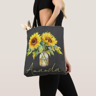 Tote Bag Joli Tournesol Jaune Noir Nom Minimaliste