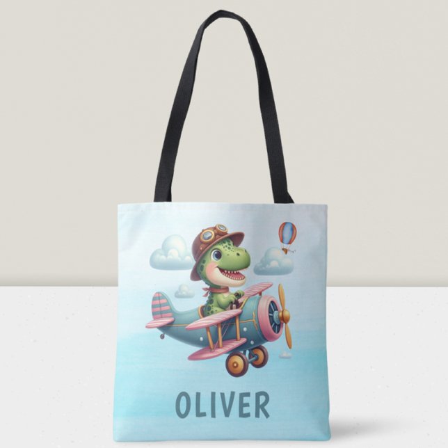 Tote Bag Joli Trex Dinosaure pilotant un Avion Charmant (Créateur téléchargé)