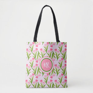 Tote Bag Joli Tulipe rose Fleurs Florales Feuille Monogramm