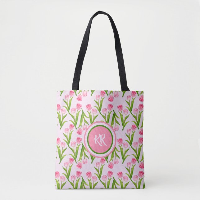 Tote Bag Joli Tulipe rose Fleurs Florales Feuille Monogramm (Devant)
