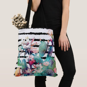 Tote Bag Jolie aquarelle Cactus Floral Black Stripes