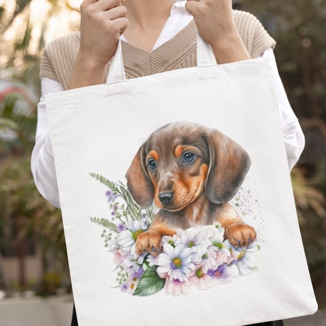 Tote Bag Jolie aquarelle Dachshund Puppy Floral (Adorable!
)