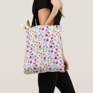 Tote Bag Jolie aquarelle florale jaune, violette, rose