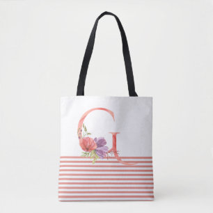 Tote Bag Jolie aquarelle Florale Lettre "G" Bande rose