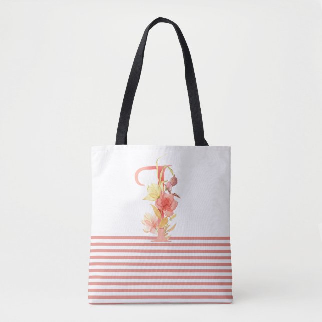 Tote Bag Jolie aquarelle Florale Lettre "I" Bande rose (Devant)