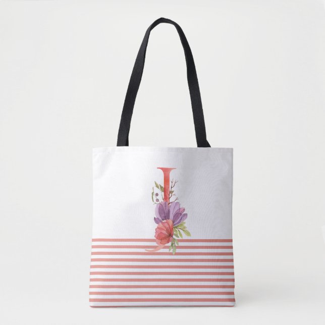 Tote Bag Jolie aquarelle Florale Lettre "J" Bande rose (Devant)
