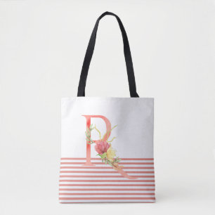 Tote Bag Jolie aquarelle Florale Lettre "R" Bande rose
