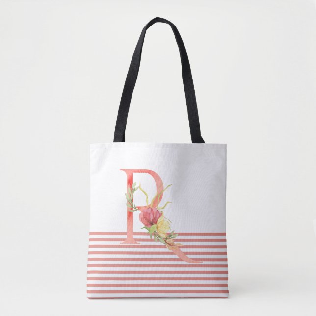 Tote Bag Jolie aquarelle Florale Lettre "R" Bande rose (Devant)