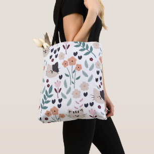 Tote Bag Jolie couleur pastel Aquarelle Floral avec chats
