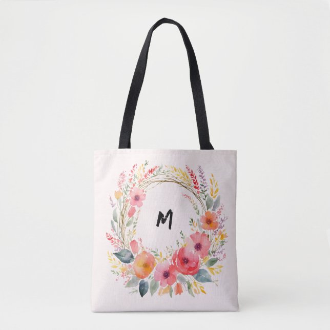 Tote Bag Jolie couronne florale Monogrammée Élégante (Devant)