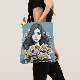 Tote Bag Jolie Dame Avec Bouquet de Pâquerettes