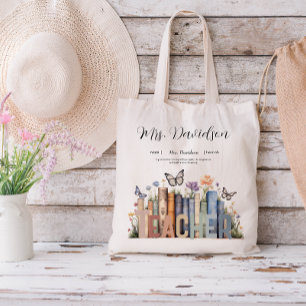 Tote Bag Jolie étagère à livres arc-en-ciel et monogramme d