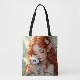 Tote Bag Jolie fée aux cheveux roux avec dragon